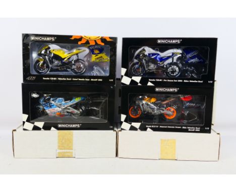 4 off Minichamps 1:12 scale model racing bikes, all different, all appear mint in mint or near mint window boxes, each within