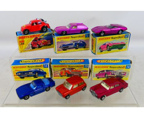 Matchbox Superfast - Six boxed Matchbox Superfast diecast model vehicles. Lot includes #29 Racing Mini (no labels); #24 Rolls