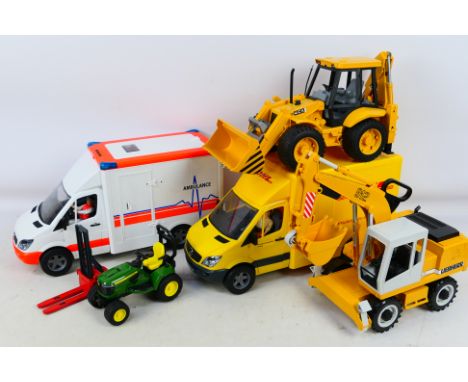 Bruder - An unboxed collection of plastic 1:16 scale vehicles from Bruder. Lot includes Mercedes Ambulance; Mercedes DHL Van;