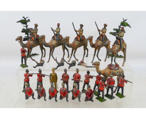 Britains - Over 30 loose vintage Britains metal figures. Includes 6 Camels with 8 riding figures from 'Camel Corps' set. Also