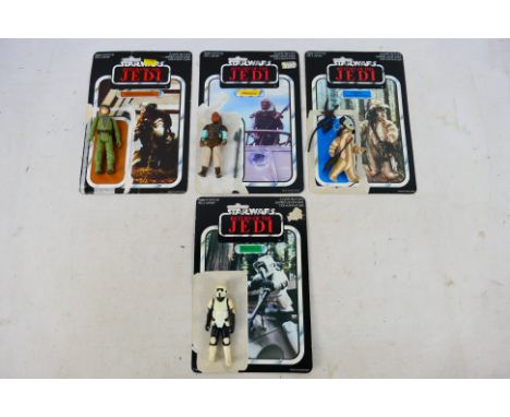 Kenner - 4 original Star Wars figures from 'Return of the Jedi'. Includes Biker Scout, Logray (Ewok Medicine Man), Rebel Comm