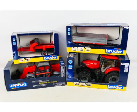 Bruder - Four boxed plastic 1:16 scale vehicles from Bruder. Lot consists of Manitou Teleskopic loader MLT 633; Case IH Optum