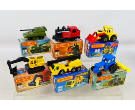 Matchbox Superfast - Six boxed Matchbox Superfast diecast model vehicles. Lot includes # 70 SP-P Gun; #46 Ford Tractor & Harr
