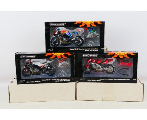 3 off Minichamps 1:12 scale model racing bikes, all different, all appear mint in mint or near mint window boxes, each within