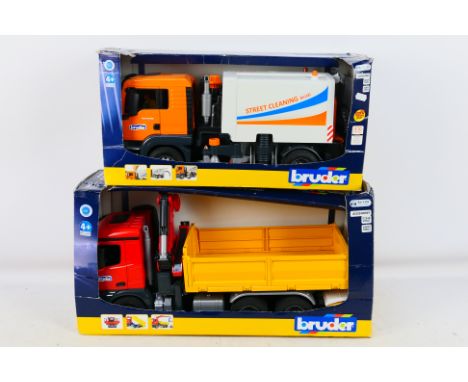 Bruder - Two boxed plastic 1:16 scale vehicles from Bruder. Lot consists of Mercedes Benz Arcos with Crane; plus a MAN TGS St