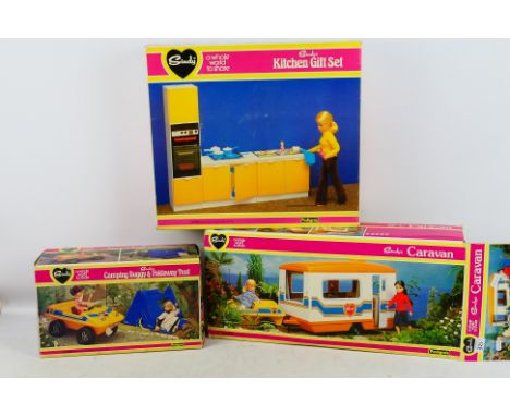 Pedigree - 3 boxed Sindy items. Includes #44579 Sindy's Caravan, #44542 Camping Buggy & Foldaway Tent (with additional tent, 