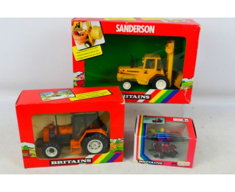 Britains - 3 boxed farm related items to include #9518 Renault Tractor, #9513 Sanderson Rough Terrain Forklift and #9401 TRX 
