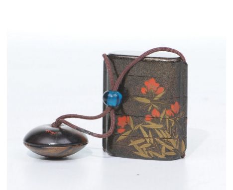 A Japanese lacquered five-case inro, 19th Century 
The black gilt stippled and dusted case, decorated depicting bamboo leaves