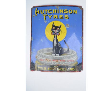 An extremely rare 'Hutchinson Tyres' enamel advertising wall sign 
Of rectangular form, the blue ground detailed with cat sea