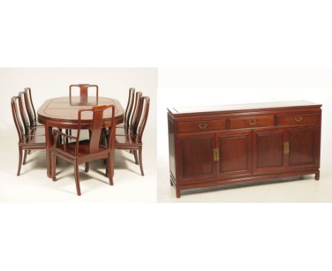 A Chinese Huanghuali style hardwood dining suite, 20th Century 
Comprising an extending dining table, six dining chairs, two 