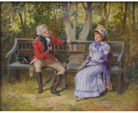 Henry Gillard Glindoni RBA ARWS (British, 1852-1913) - 'The Betrothal' Oil on panel, signed and dated 1887, approx. 20x26cm, 