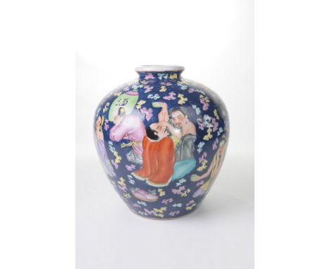 A Chinese famille rose vase, 20th Century 
The rounded ovoid form vase, with upper folded rim, rising from a tapered base, th