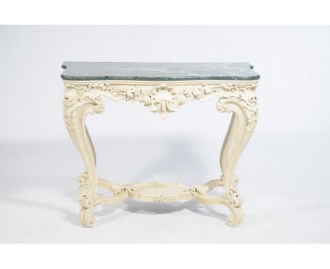 An Impressive 19th Century marble top painted giltwood Rococo style console table
The serpentine green marble top above a pie