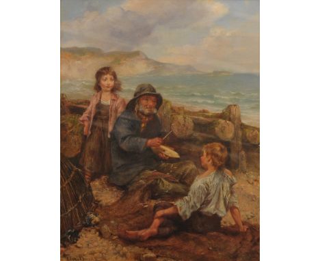 Edgar Bundy A.R.A. (British 1862-1922) 'The Lesson' 
Painted with fisherman and children before a shore,  45cm x 34cm, oil on