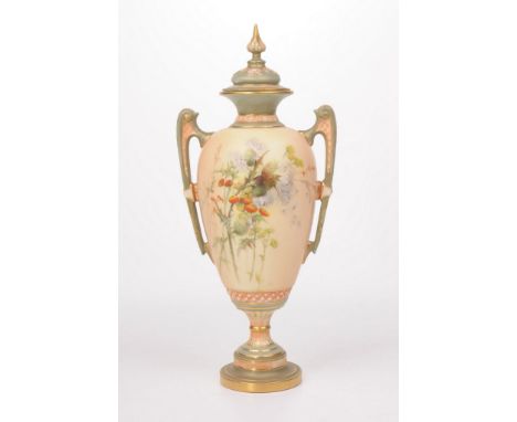 A Royal Worcester blush ivory pedestal vase, dated 1898 
Rising from a stepped spreading circular base, to an ovoid body flan