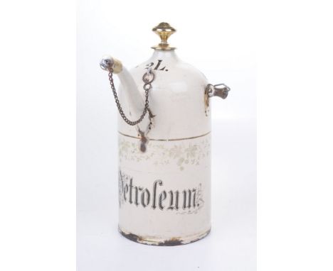 A late 19th Century French enamel 2 litre petroleum filling can 
The cylindrical form can, with applied wirework and wooden h