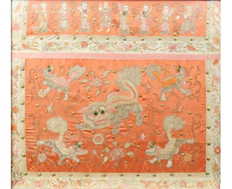 A Chinese embroidered panel, early 20th Century 
The silkwork orange ground panel with exterior ivory studded border, embroid