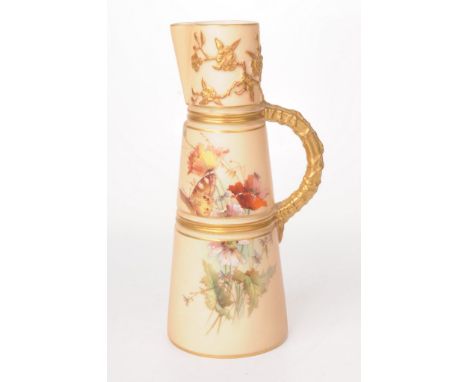 A Royal Worcester tapered cylindrical jug, dated 1901
Of segmented tapered form with short sparrow beak spout and naturalisti