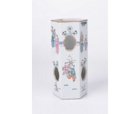 A Chinese famille rose 'Immortals' vase, early 20th Century 
The facetted hexagonal shaped vase, with reticulated fan shaped 