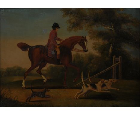 British School, 19th/20th Century 'Lady Hunter' 
Painted with depiction of a lady riding a chestnut horse flanked by hounds, 