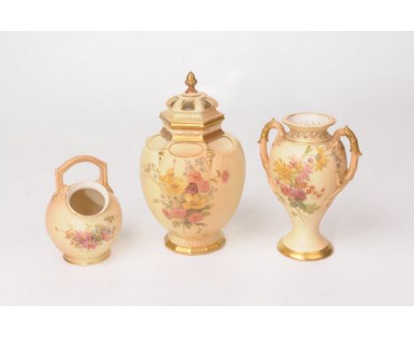 A collection of Royal Worcester blush ivory items
To include a pot-pourri jar and cover, dated 1919, of rounded form, painted