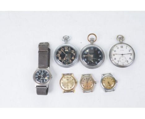 A collection of various military watches

A.f., To include three pocket watches, the first signed CYMA with white dial and Ar