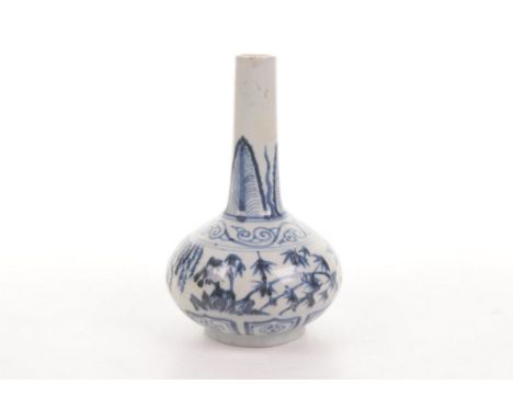 A Chinese 18th Century style blue and white bottle vase
The heavily potted rounded bulbous body, rising from a circular low f