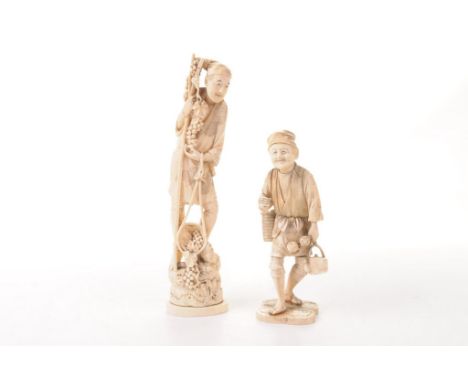 Two Japanese carved ivory Okimono, late Meiji Period (1868-1912)
The first possibly marine ivory, the gently curved as a frui