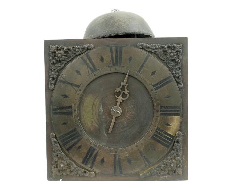 Early hook and spike thirty hour wall clock, the 9" square brass dial with brass chapter ring enclosing an engraved centre 