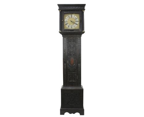 Dark stained oak thirty hour longcase clock, the 11" square brass dial signed Samuel Whittaker on the silvered chapter ring e