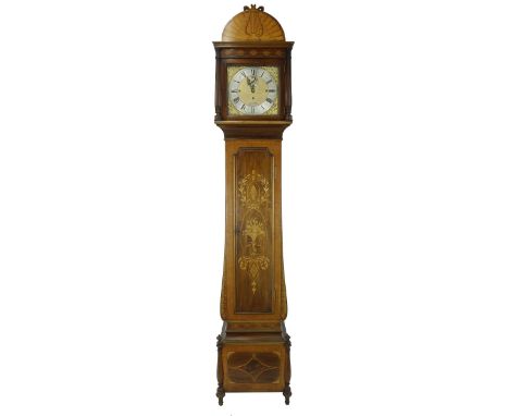 Mahogany three train longcase clock, the 12.5" square brass dial signed S. Smith &amp; Son, 9 Strand, London on a shaped plat