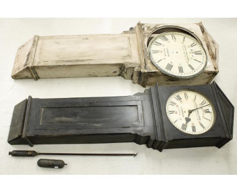 Large railway single train trunk dial wall clock within an ebonised case, the 17" painted dial signed B.(S). John Walker 1, S