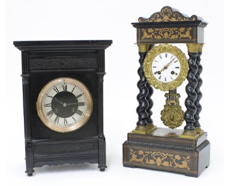 French aesthetic movement black marble two train mantel clock, the S. Marti movement striking on a gong, the 4.75" silvered c