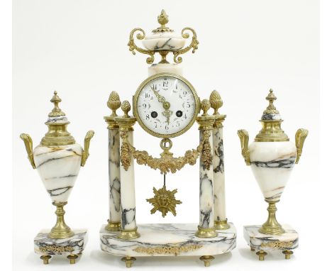 French style grey marble and gilt metal mounted two train portico mantel clock garniture, the movement with outside countwhee