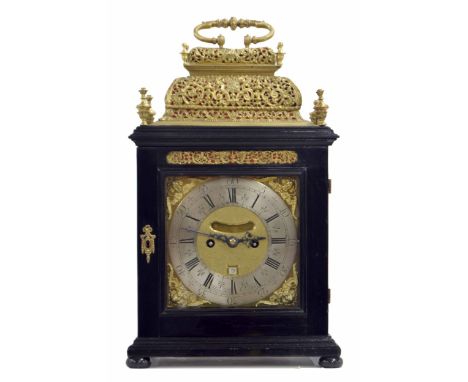 English ebonised and ormolu mounted double fusee verge basket top bracket clock, the 7" square brass dial signed M.Crockford,