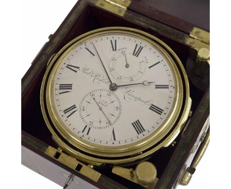 Fine English two day marine chronometer, the 4" silvered dial signed Robt Roskell, Liverpool, no. 831/49267, with subsidiary 