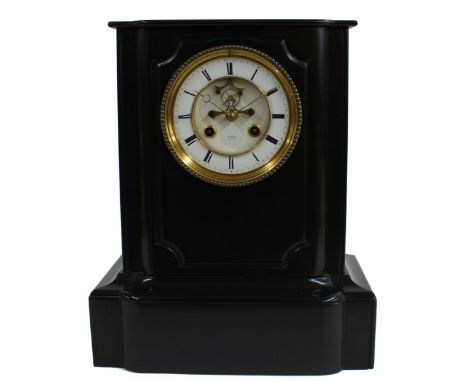 French black slate two train mantel clock, the Henry Marc Vincenti movement with outside countwheel striking on a bell, the 4