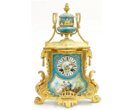 Good French gilt metal and porcelain mounted two train mantel clock, the Japy Freres movement striking on a bell, the shaped 