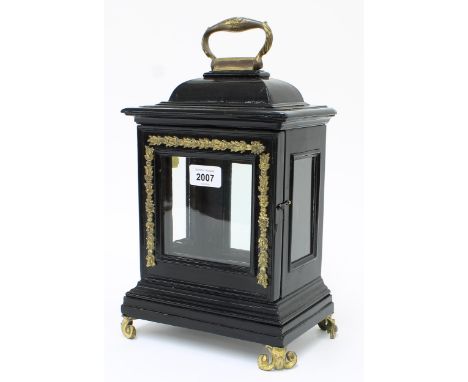 Good small early ebonised bracket clock case with aperture for a 4.5" square dial, the front applied with foliate ormolu moun
