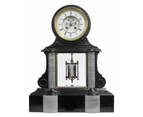 French black slate and grey marble two train drumhead mantel clock, the movement signed Regnault Fils &amp; Chesnier, Paris n