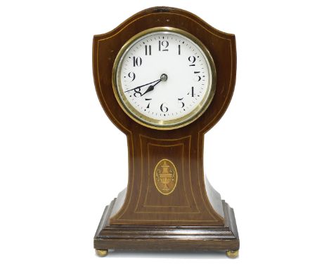 Mahogany inlaid mantel clock timepiece with platform escapement, the 3.25" white dial within a foliate shaped case, 10" high 