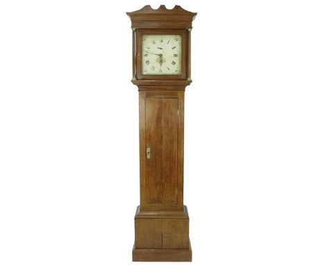 Oak thirty hour longcase clock, the 12" square painted dial indistinctly signed and with subsidiary seconds dial and calendar