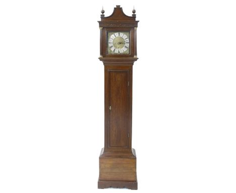 Oak eight day longcase clock, the 10" square brass dial signed JNO Bonsall, Breason on the silvered chapter ring enclosing a 