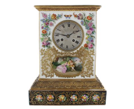 French porcelain two train mantel clock, the Pons movement with silk suspension and outside countwheel striking on the hour a