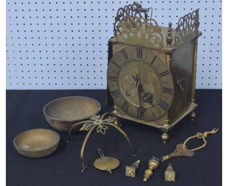 English brass two train spring driven brass lantern clock in need of restoration, the movement striking on two bells, 16" hig