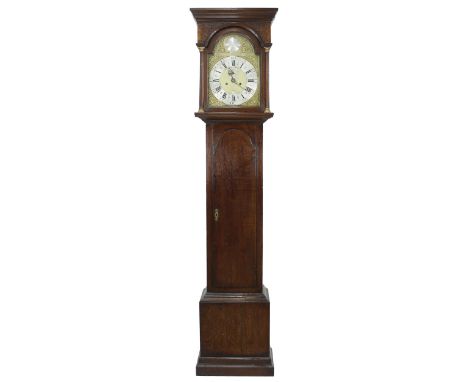 Oak eight day longcase clock, the 12" brass arched dial signed John Freke, Chard on a silvered convex boss to the arch, over 