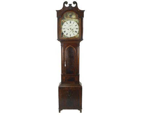 Mahogany eight day longcase clock, the 13" painted arched dial signed Jas Black, Kirkaldy, with subsidiary seconds and calend