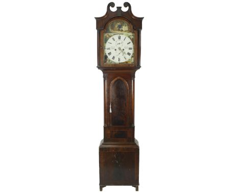 Mahogany eight day longcase clock, the 13" painted arched dial signed Jas Black, Kirkaldy, with subsidiary seconds and calend