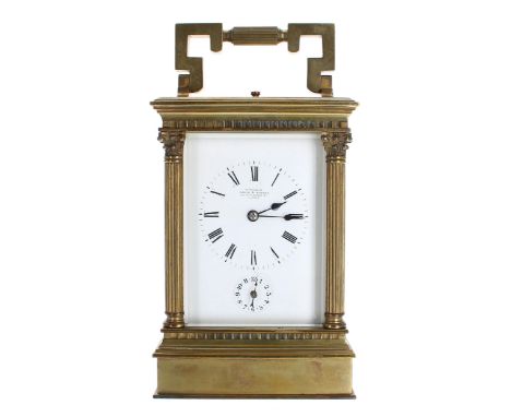 Good repeater carriage clock with alarm, the movement striking with two hammers on a single gong and stamped no. 2138, the di
