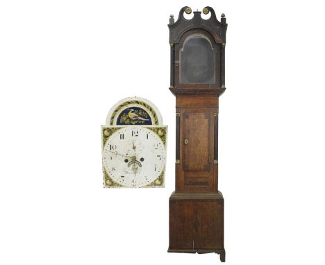 Oak thirty hour longcase clock, the 12" painted arched dial indistinctly signed with subsidiary seconds dial and calendar ape